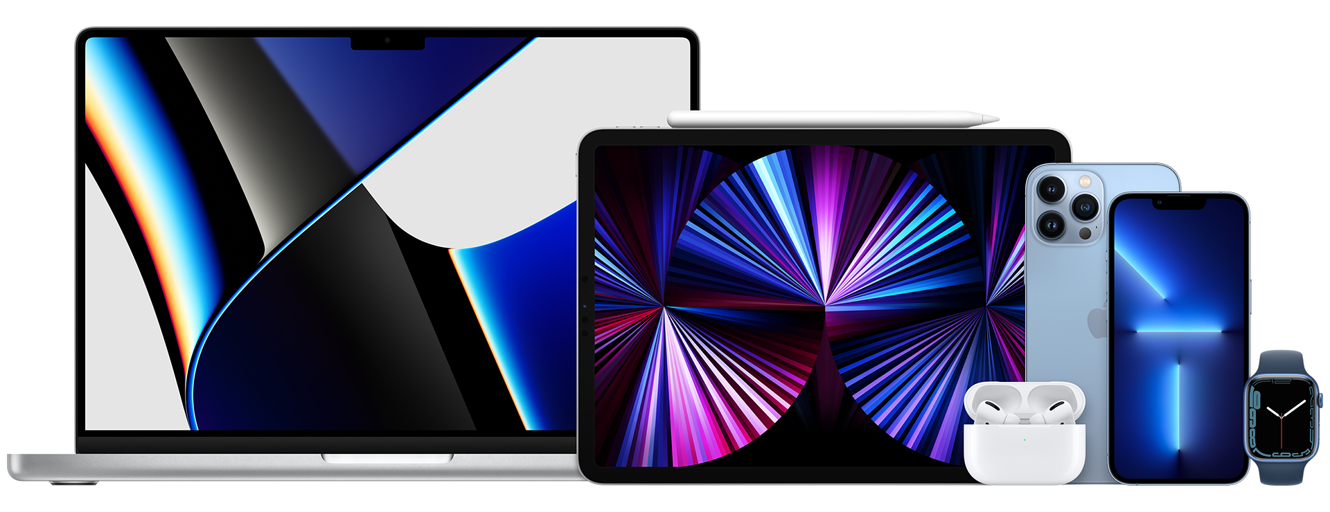 Image présentant les derniers appareils Apple, des ordinateurs aux accessoires